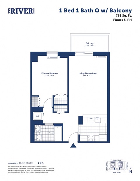Floor plan for 1 bed, 1 bath, 718 sqft